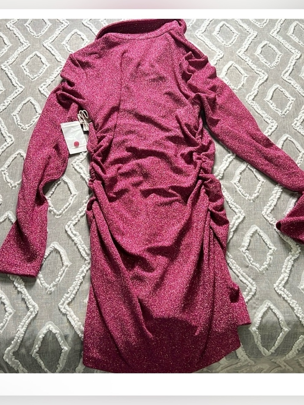 Good American Pink Sparkle Metallic Ruched Mini Dress Long Sleeve Sz 2 NWT - Picture 9 of 11